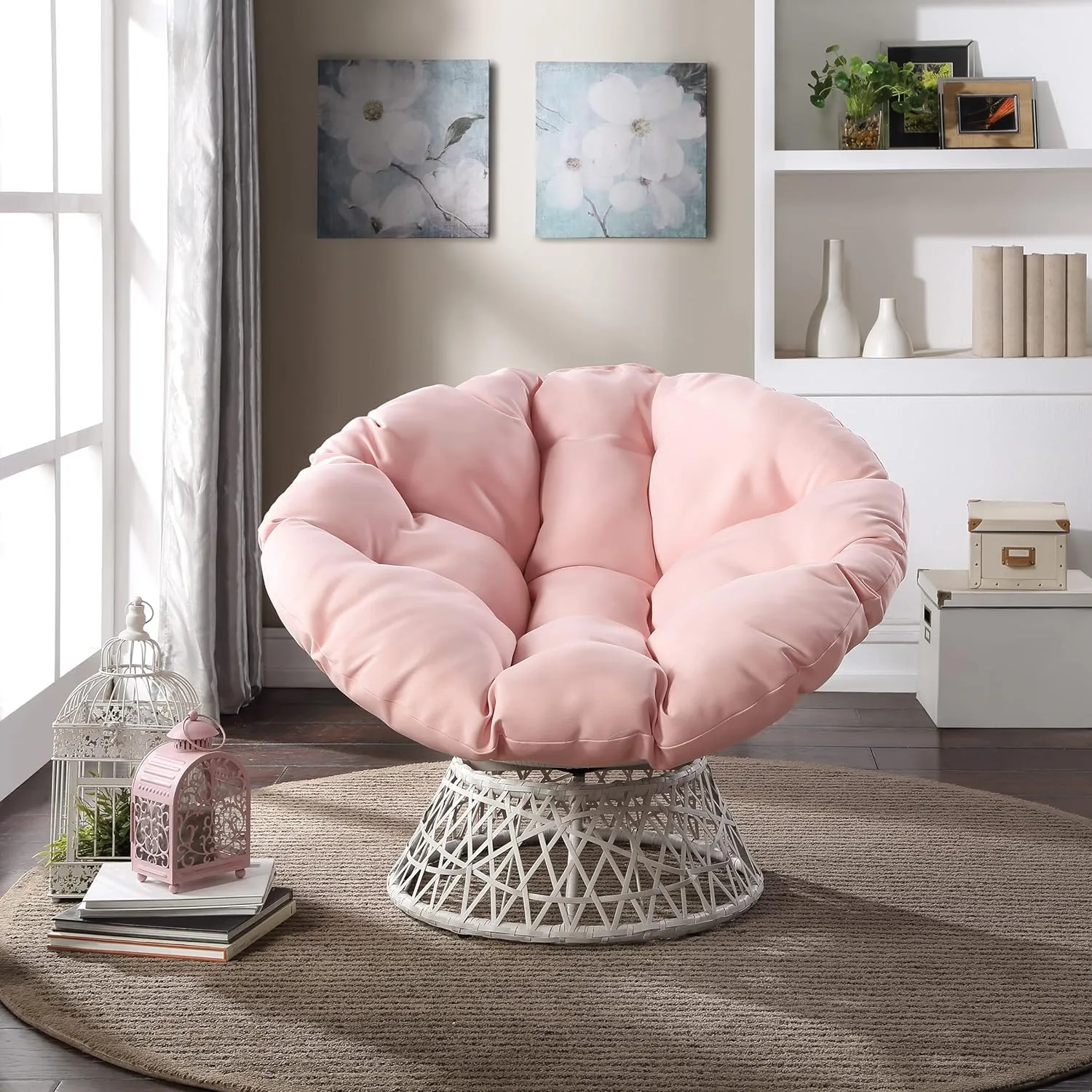 OSP Home Furnishings Wicker Papasan Chair with 360-Degree Swivel, Cream Frame with Pink Cushion