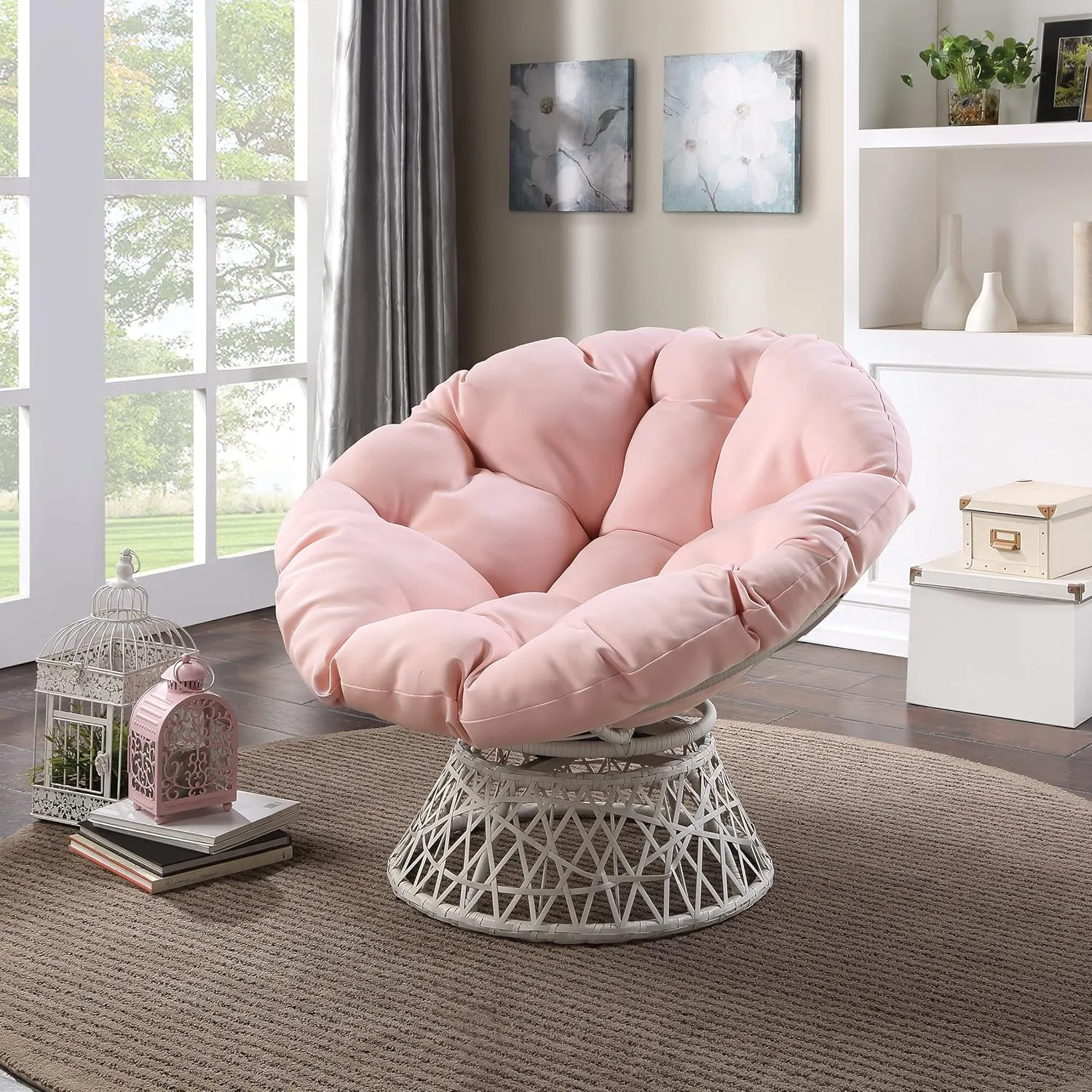 OSP Home Furnishings Wicker Papasan Chair with 360-Degree Swivel, Cream Frame with Pink Cushion