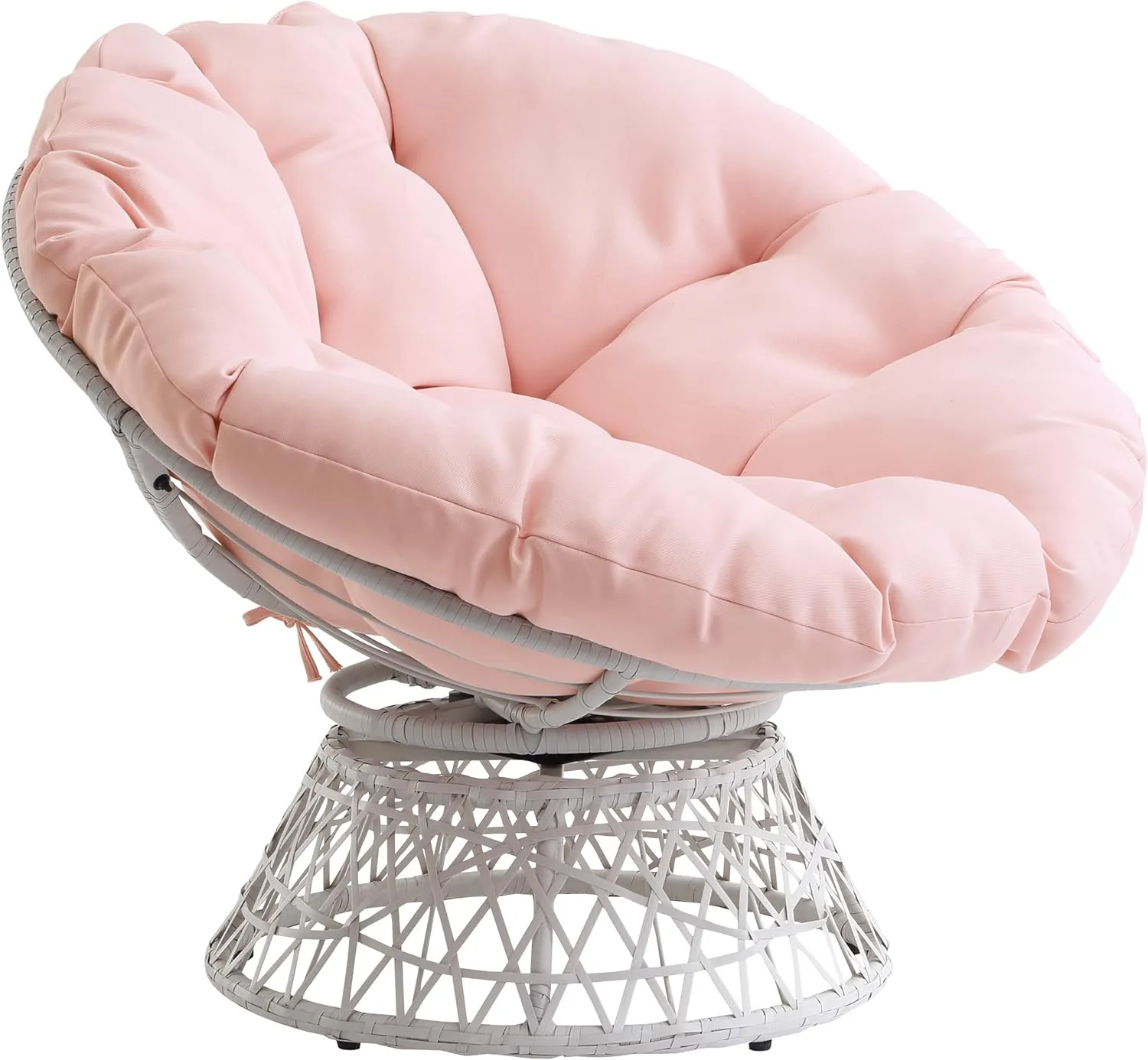 OSP Home Furnishings Wicker Papasan Chair with 360-Degree Swivel, Cream Frame with Pink Cushion