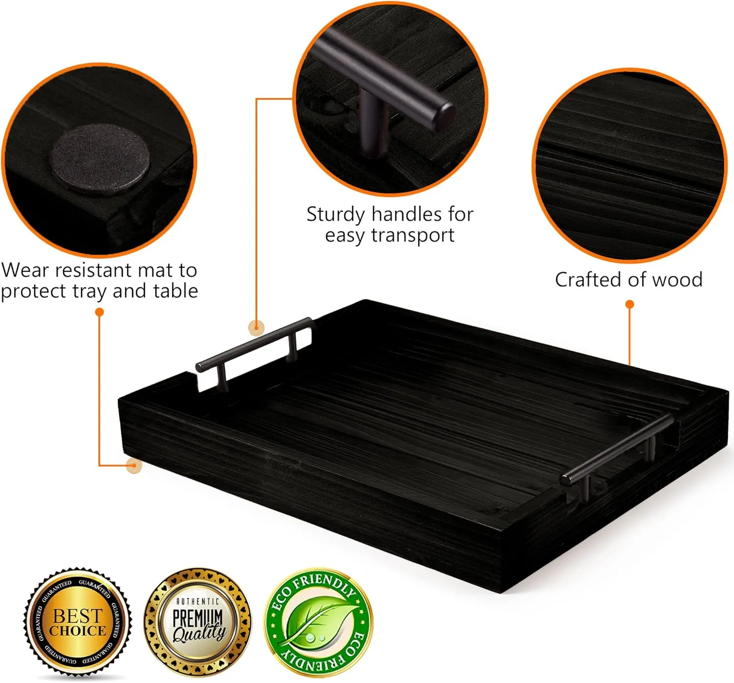 Ottoman Tray | Coffee Table Tray Decorative, Serving Tray with Handles - 17x13 Inch Wood Tray for Coffee Table Tray - with 4 Wooden Coasters -Tray for Ottoman, Breakfast