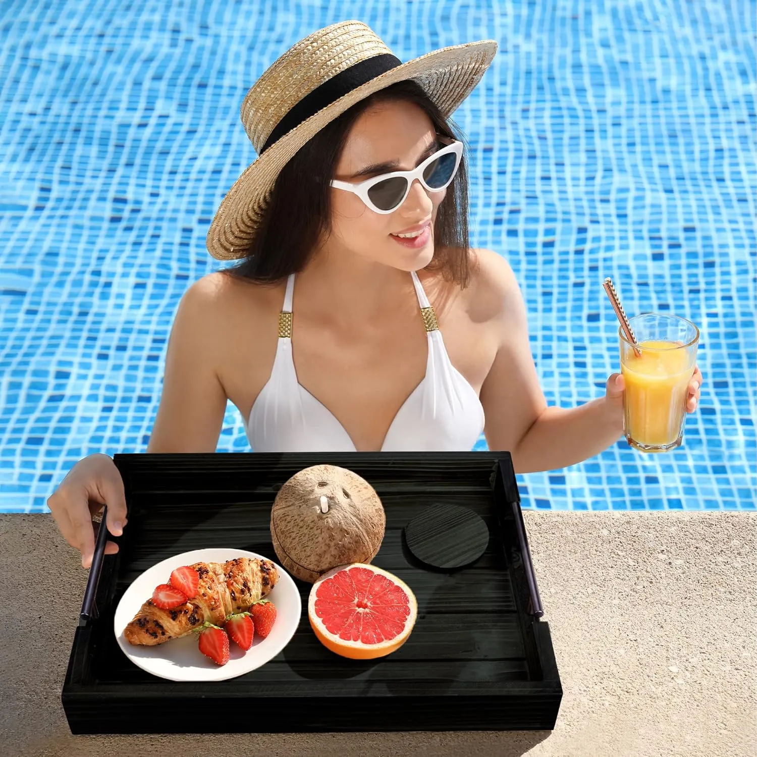 Ottoman Tray | Coffee Table Tray Decorative, Serving Tray with Handles - 17x13 Inch Wood Tray for Coffee Table Tray - with 4 Wooden Coasters -Tray for Ottoman, Breakfast