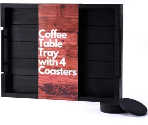 Ottoman Tray | Coffee Table Tray Decorative, Serving Tray with Handles - 17x13 Inch Wood Tray for Coffee Table Tray - with 4 Wooden Coasters -Tray for Ottoman, Breakfast