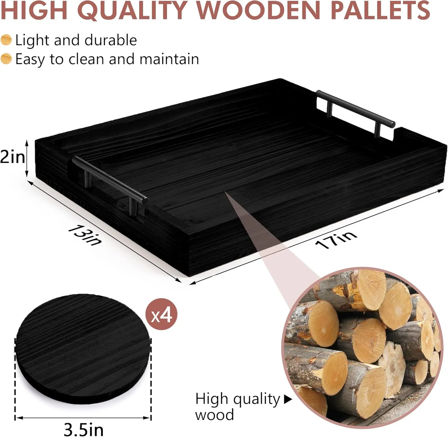Ottoman Tray | Coffee Table Tray Decorative, Serving Tray with Handles - 17x13 Inch Wood Tray for Coffee Table Tray - with 4 Wooden Coasters -Tray for Ottoman, Breakfast