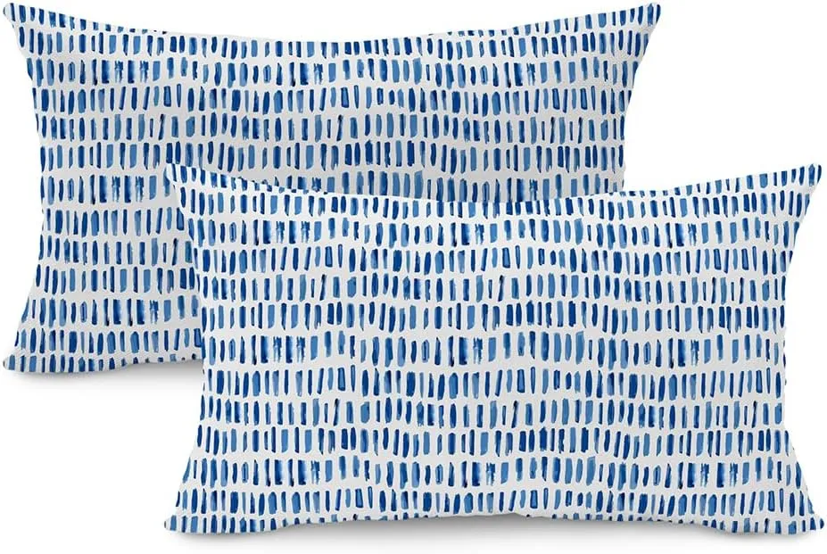 Outdoor Pillow Covers 12x20 Set of 2 Boho Design Blue Striped Decorations Pillows Spring Summer Outdoor Waterproof Patio Furniture Garden Porch Sofa Bed Cushion Covers Home Decor JB003-A12