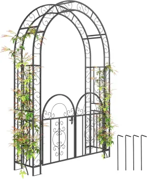 Outsunny 7.4ft Steel Garden Arch with Gate, Garden Arbor Trellis for Climbing Plants, Roses, Vines, Wedding Arch Stand for Outdoor, Garden, Lawn, Backyard, Black