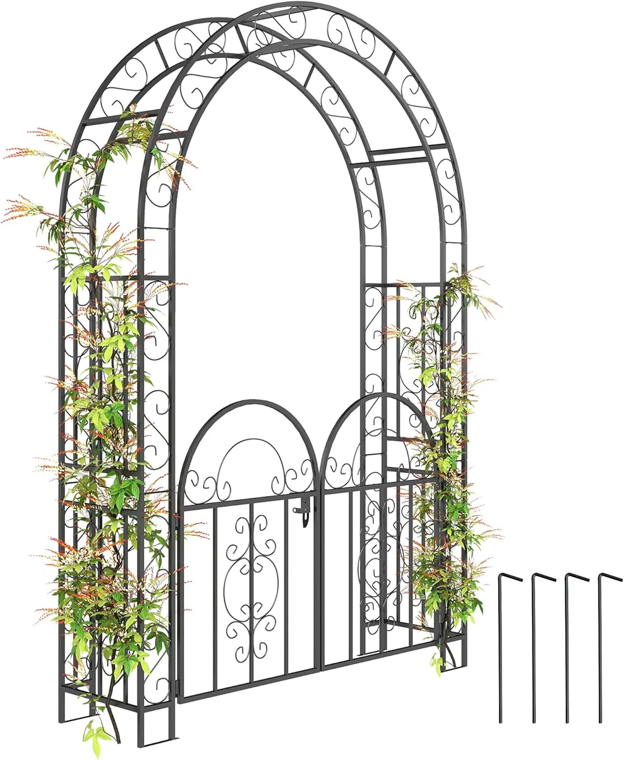 Outsunny 7.4ft Steel Garden Arch with Gate, Garden Arbor Trellis for Climbing Plants, Roses, Vines, Wedding Arch Stand for Outdoor, Garden, Lawn, Backyard, Black