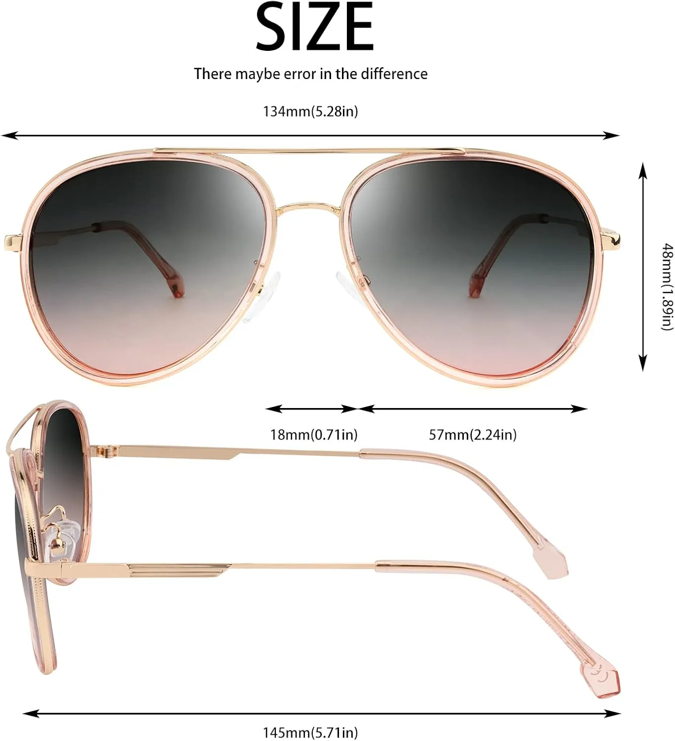Oversized Aviator Polarized Sunglasses for Women Men,Oval Double Bridge Metal Frame Sun Glasses UV400 Protection