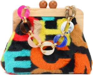 Oweisong Novelty Corduroy Tote Handbag for Women Wooden Kiss Lock Faux Fur Crossbody Bag Plush Shoulder Bag Furry Purse