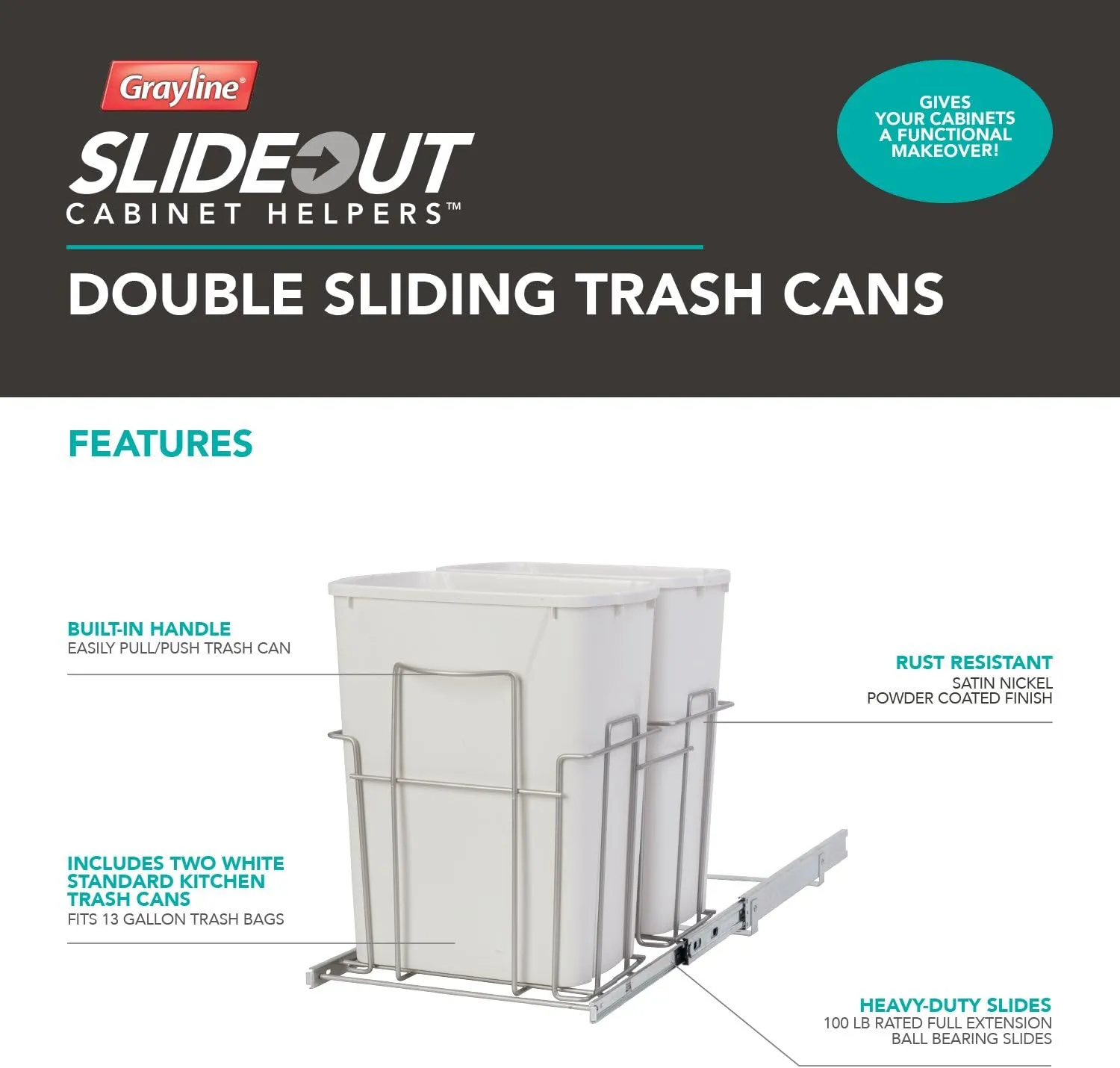 Panacea Grayline Double Trash Can Slide Out Basket Storage, Satin Nickel