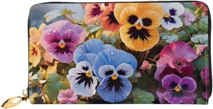 Pansy Flowers Leather Wallets For Women Waterproof Zip Around Clutch Purses Large Credit Card Holder With Phone Holder Ladies Travel Coin Purse