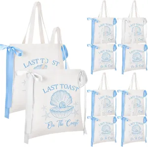 Paterr 8 Pack Last Toast on The Coast Tote Bags Bridesmaid Canvas Bag Reusable Bridal Gift Bags with Satin Bows for Bridal Shower Bachelorette Bridesmaid Party Favor