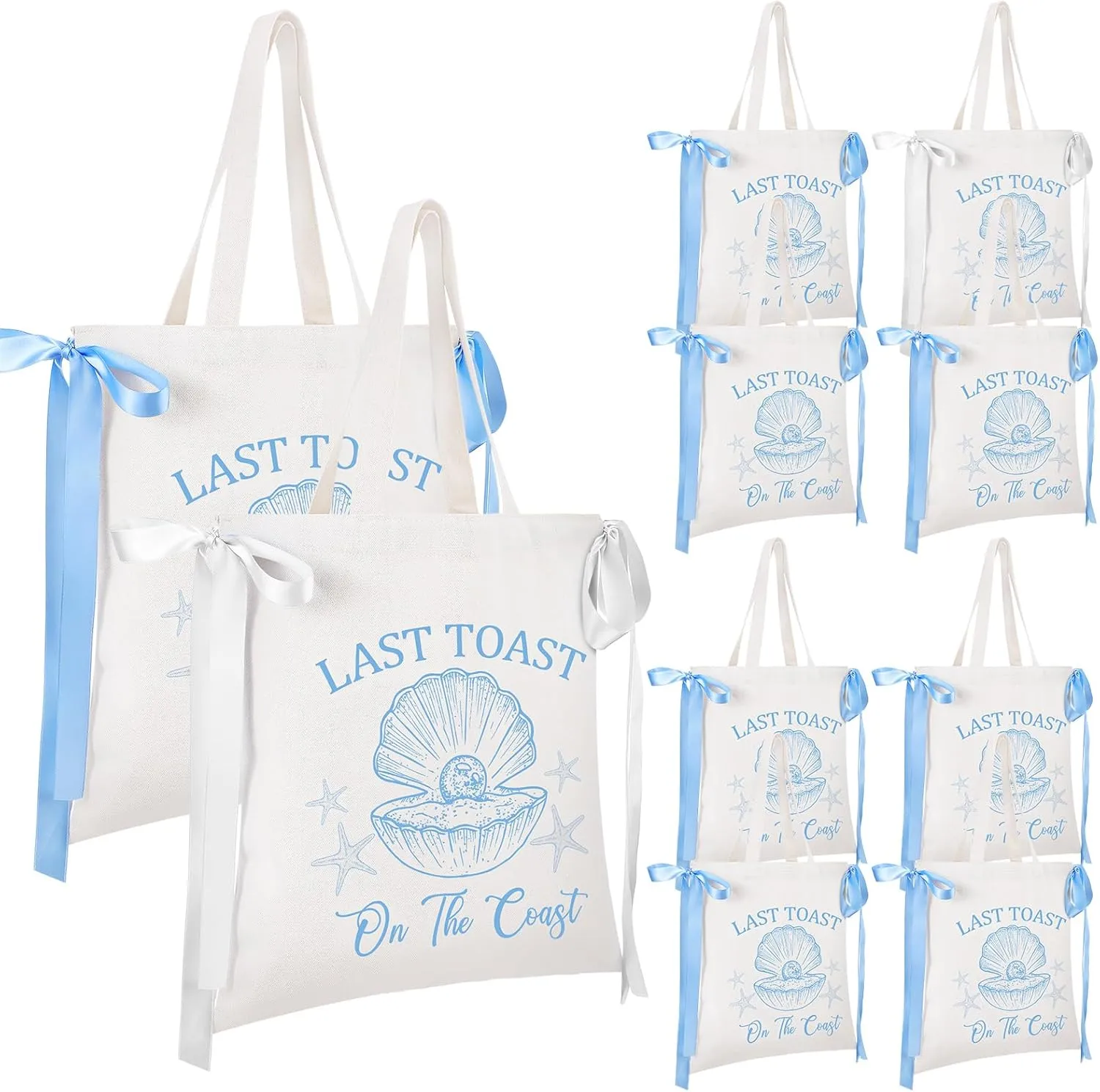 Paterr 8 Pack Last Toast on The Coast Tote Bags Bridesmaid Canvas Bag Reusable Bridal Gift Bags with Satin Bows for Bridal Shower Bachelorette Bridesmaid Party Favor