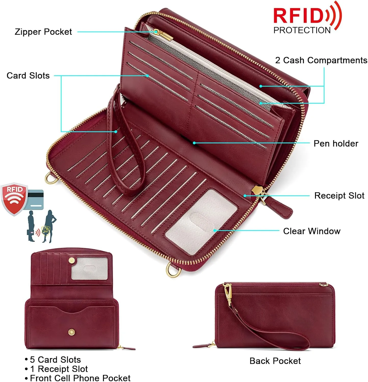 Peacocktion Crossbody Wristlet Wallets for Women RFID Vegan Leather Cross Body Cell Phone Purses with Zipper
