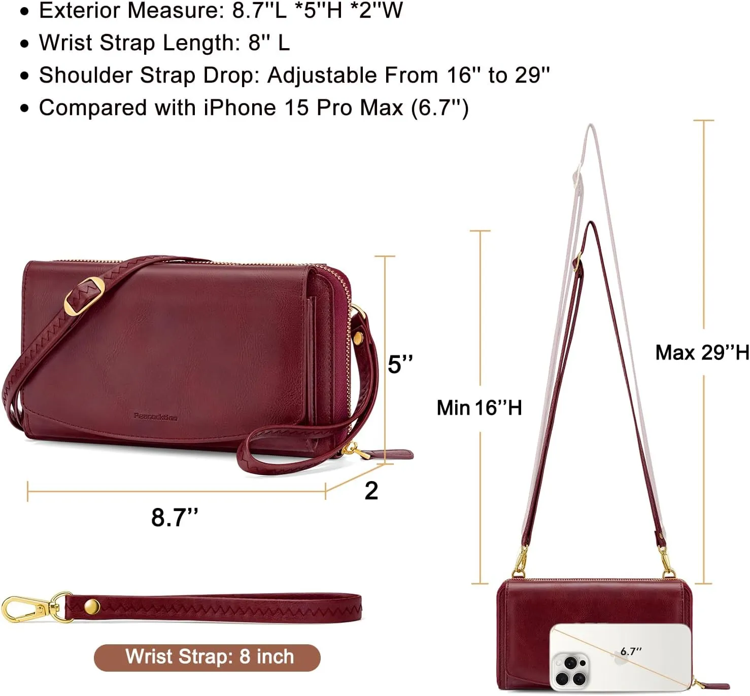 Peacocktion Crossbody Wristlet Wallets for Women RFID Vegan Leather Cross Body Cell Phone Purses with Zipper