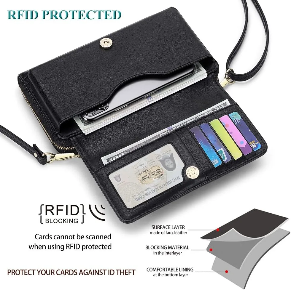 Peacocktion Crossbody Wristlet Wallets for Women RFID Vegan Leather Cross Body Cell Phone Purses with Zipper