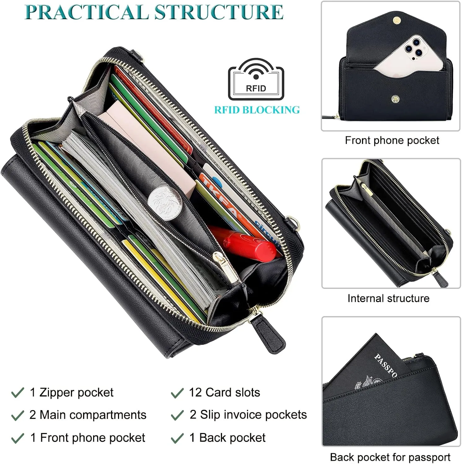 Peacocktion Women Wallet Purse Card Holder with RFID, Large Capacity Crossbody Wristlet Clutch 2 Straps