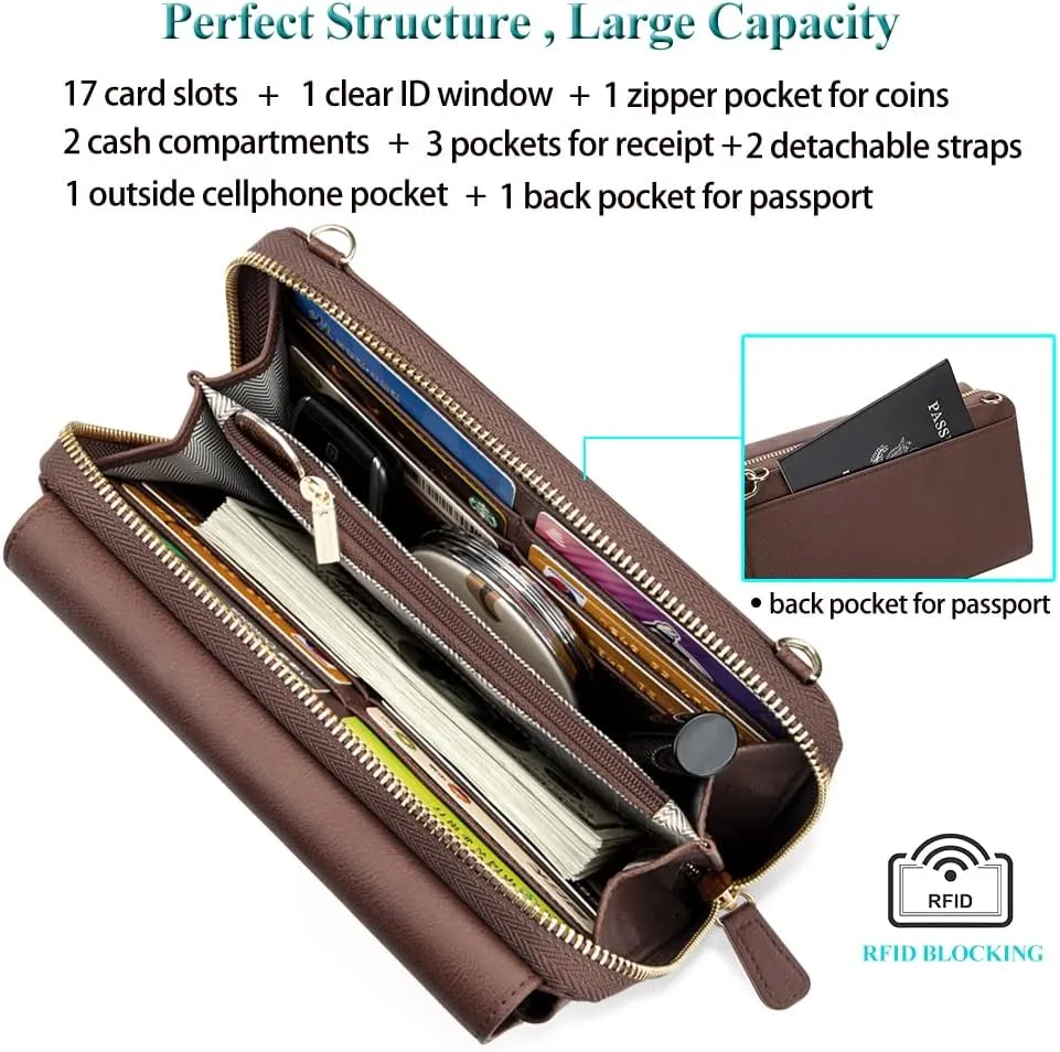 Peacocktion Women Wallet Purse Card Holder with RFID, Large Capacity Crossbody Wristlet Clutch 2 Straps