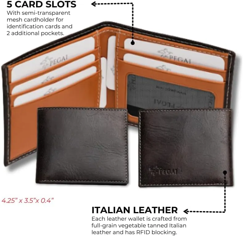 PEGAI Standard Leather Bifold Wallet For Men | Minimalist RFID Blocking Slim Wallet For Men With Credit Card Holder | Edward Italian (Rum Brown)