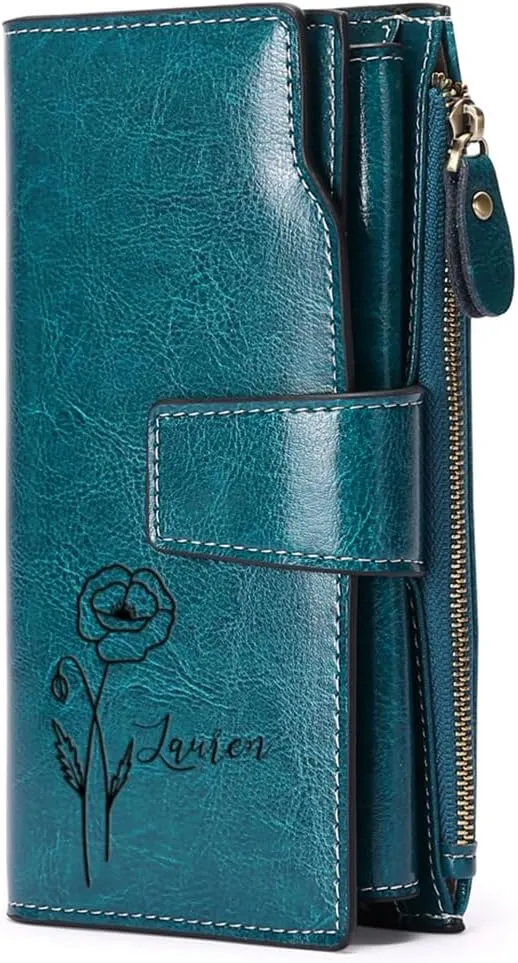 Personalized Engraved Name Wallet,Custom Birth Month Flower Wallet with RFID Blocking Genuine Leather Credit Card Holder Large Capacity for Women(Wax-Peacock Blue)