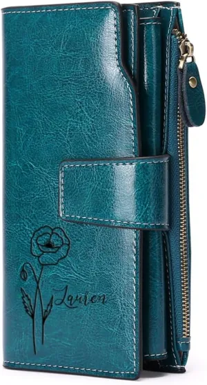 Personalized Engraved Name Wallet,Custom Birth Month Flower Wallet with RFID Blocking Genuine Leather Credit Card Holder Large Capacity for Women(Wax-Peacock Blue)