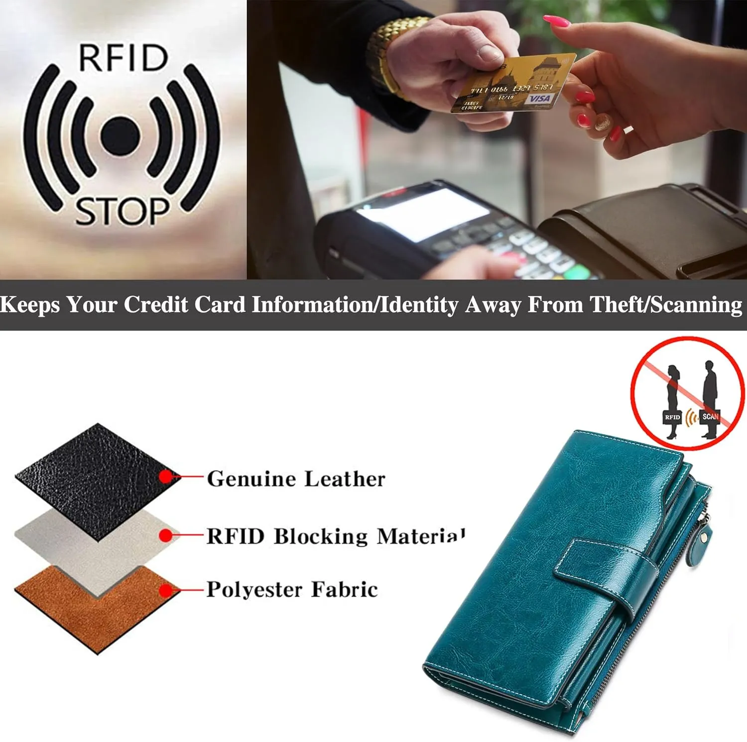 Personalized Engraved Name Wallet,Custom Birth Month Flower Wallet with RFID Blocking Genuine Leather Credit Card Holder Large Capacity for Women(Wax-Peacock Blue)