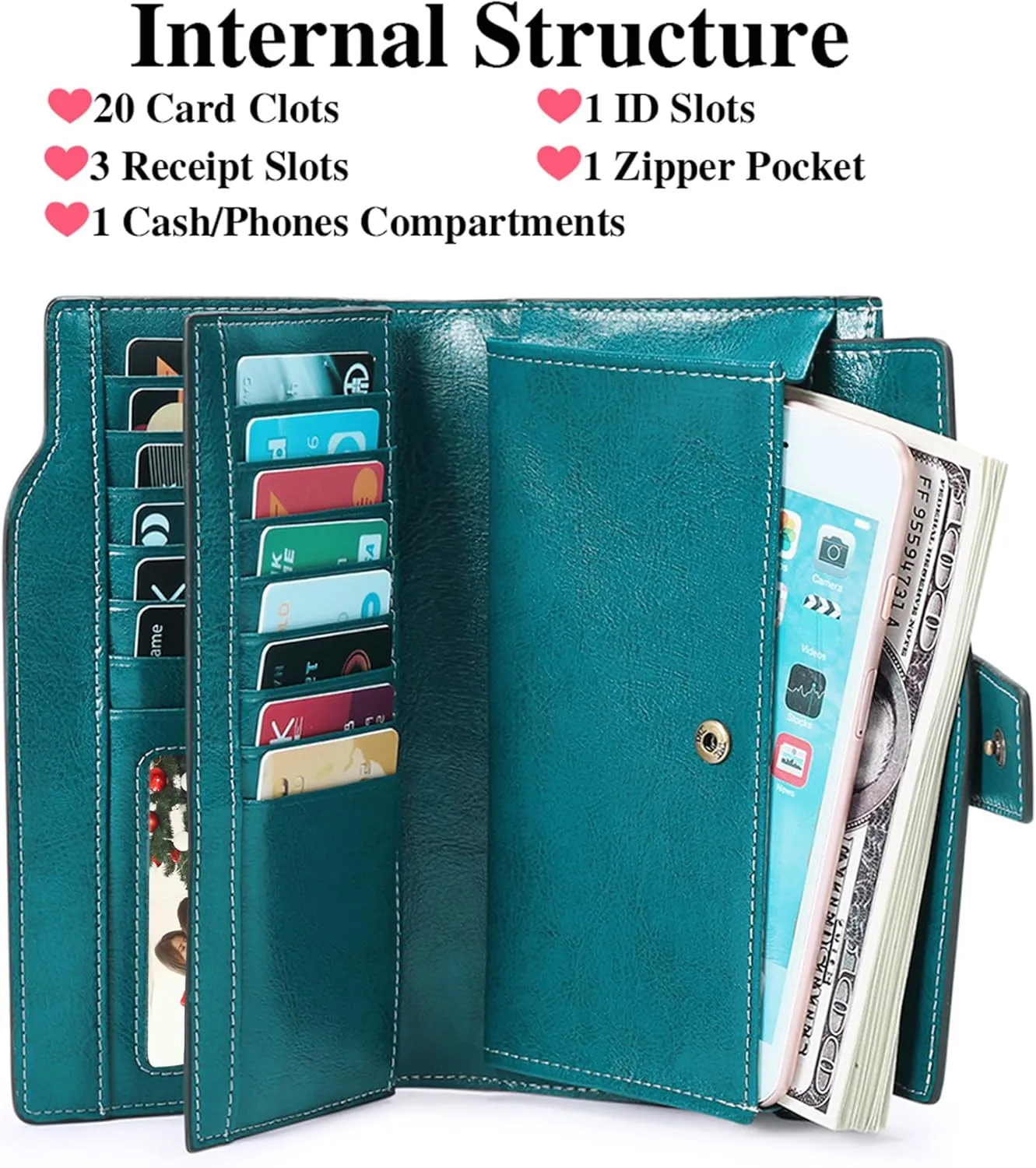 Personalized Engraved Name Wallet,Custom Birth Month Flower Wallet with RFID Blocking Genuine Leather Credit Card Holder Large Capacity for Women(Wax-Peacock Blue)