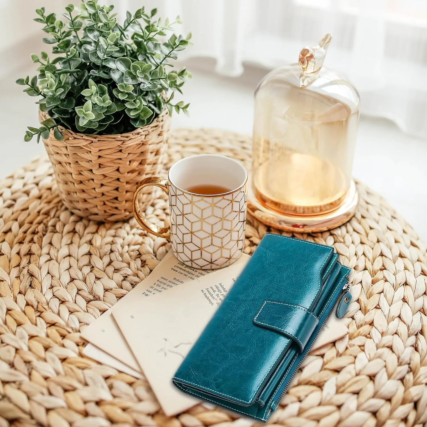 Personalized Engraved Name Wallet,Custom Birth Month Flower Wallet with RFID Blocking Genuine Leather Credit Card Holder Large Capacity for Women(Wax-Peacock Blue)