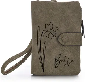 Personalized Leather Wallets for Women Wallets with Zipper Coin Purse with Wrist Strap Small Ladies Wallet with Name Birth Flower Leather Wallet for Girlfriend Wife Mother's Day - Green