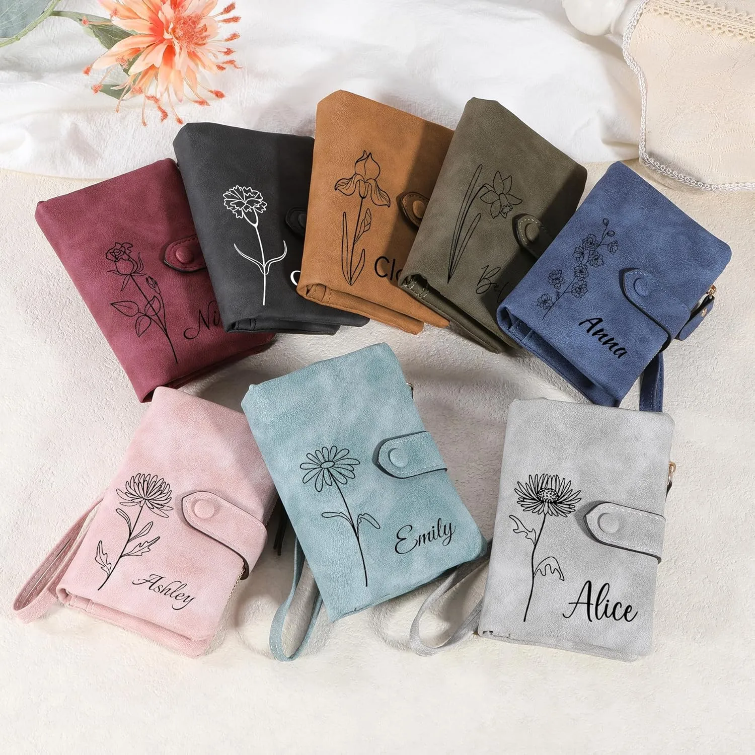 Personalized Leather Wallets for Women Wallets with Zipper Coin Purse with Wrist Strap Small Ladies Wallet with Name Birth Flower Leather Wallet for Girlfriend Wife Mother's Day - Green