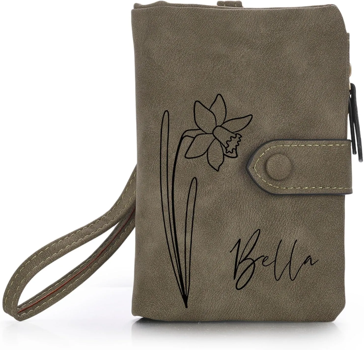 Personalized Leather Wallets for Women Wallets with Zipper Coin Purse with Wrist Strap Small Ladies Wallet with Name Birth Flower Leather Wallet for Girlfriend Wife Mother's Day - Green