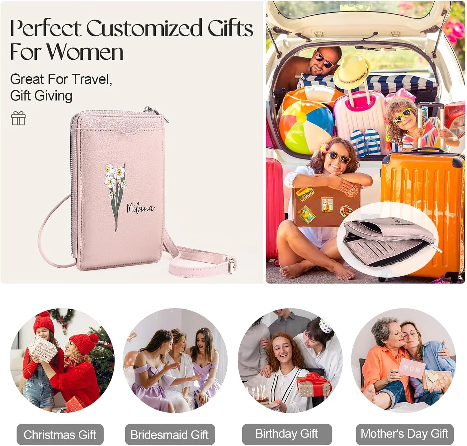 Personalized Phone Wallet for Women: Custom Small Crossbody Bag Purse with Name and Birth Flower - Cellphone Shoulder Bag with Credit Card Slots - Christmas Birthday for Mom Wife Grandma
