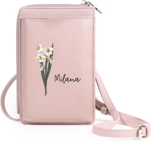 Personalized Phone Wallet for Women: Custom Small Crossbody Bag Purse with Name and Birth Flower - Cellphone Shoulder Bag with Credit Card Slots - Christmas Birthday for Mom Wife Grandma