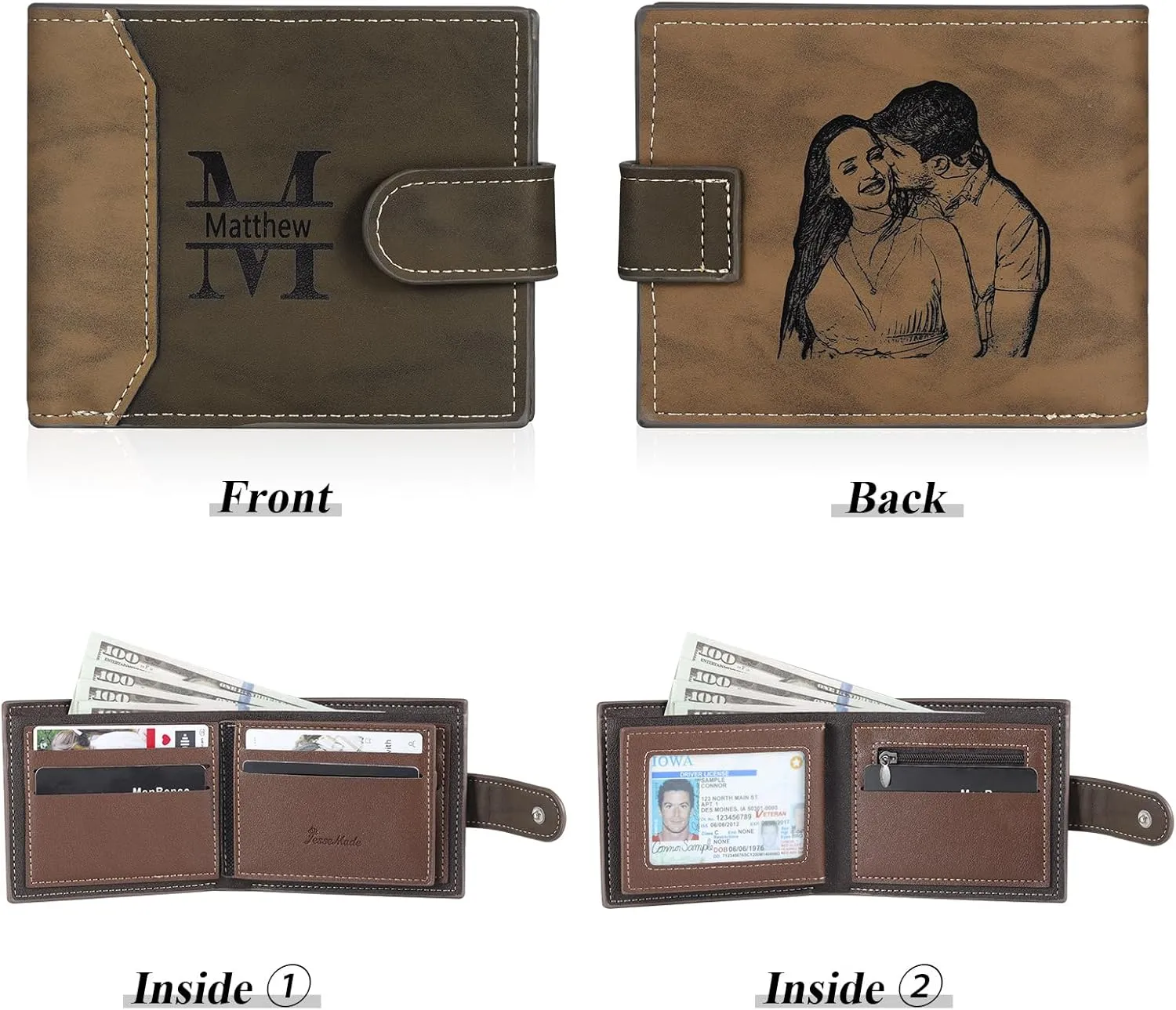Personalized Photo Mens Wallets Leather: Custom Initial Name Bi-fold Wallet for Men Father - Men's wallets Wallet for Dad Boyfriend Grandpa Birthday Gift (Dark Coffee Photo Name)
