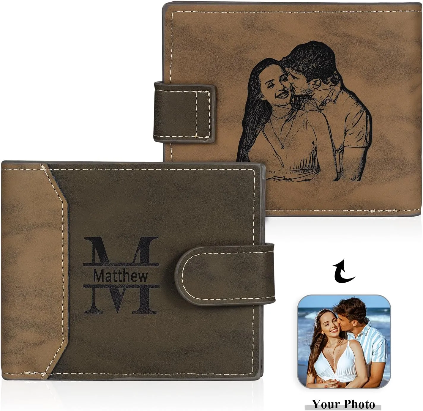 Personalized Photo Mens Wallets Leather: Custom Initial Name Bi-fold Wallet for Men Father - Men's wallets Wallet for Dad Boyfriend Grandpa Birthday Gift (Dark Coffee Photo Name)