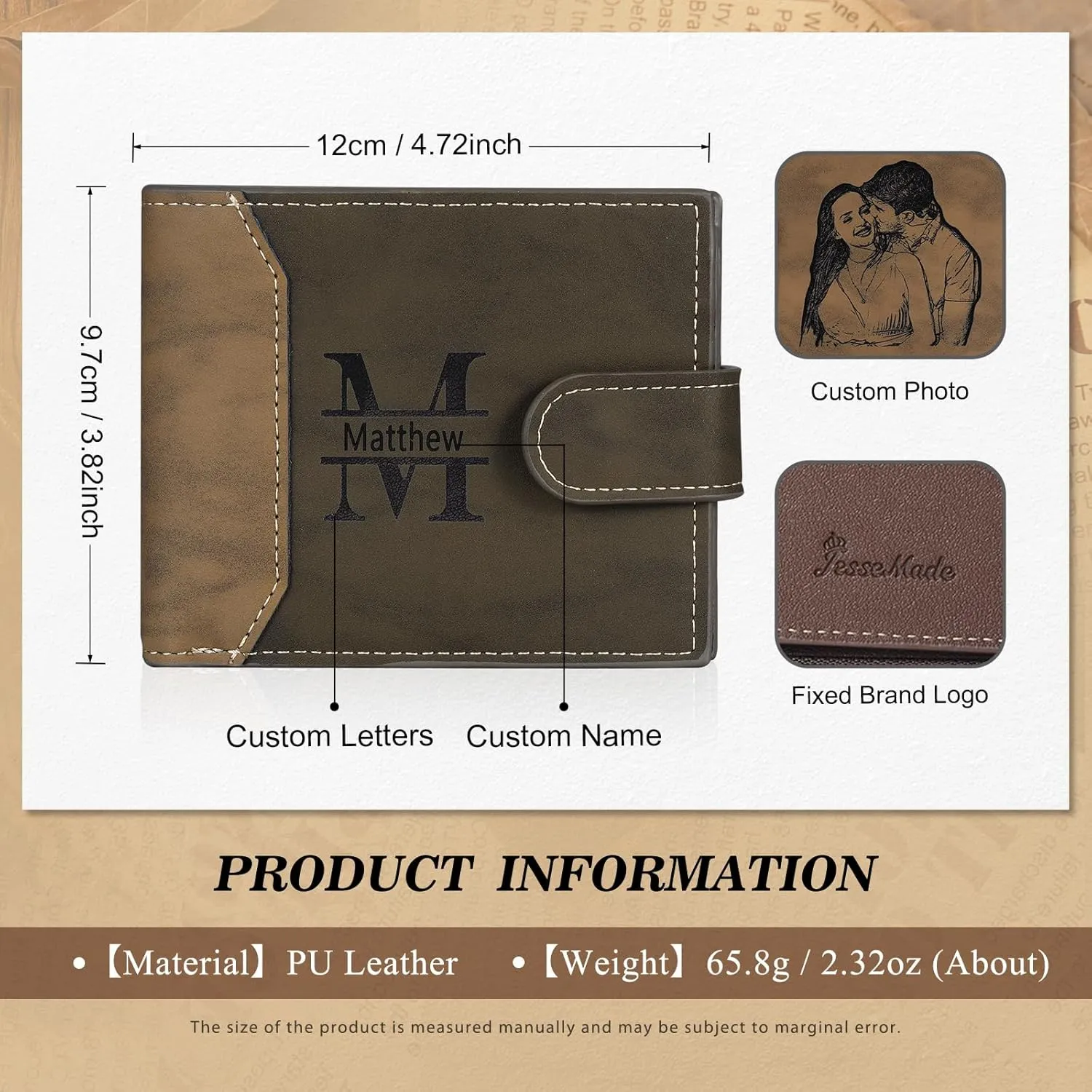 Personalized Photo Mens Wallets Leather: Custom Initial Name Bi-fold Wallet for Men Father - Men's wallets Wallet for Dad Boyfriend Grandpa Birthday Gift (Dark Coffee Photo Name)