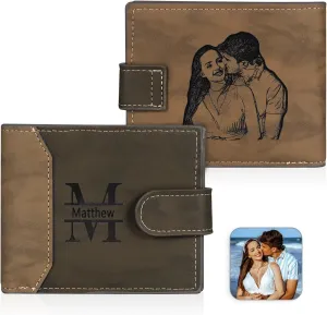 Personalized Photo Mens Wallets Leather: Custom Initial Name Bi-fold Wallet for Men Father - Men's wallets Wallet for Dad Boyfriend Grandpa Birthday Gift (Dark Coffee Photo Name)