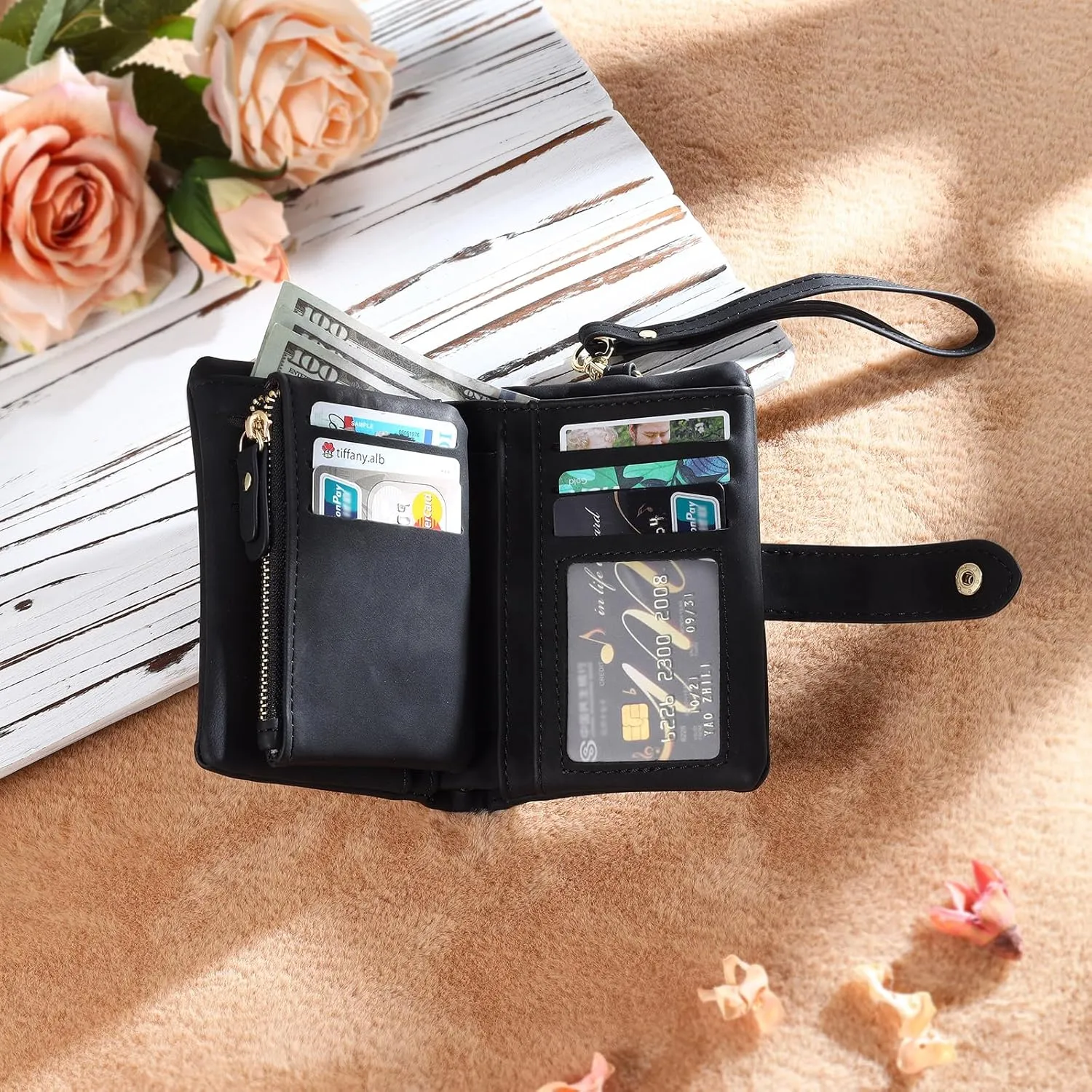 Personalized Wallets for Women: Custom Name Birth Flower Wristlet leather Womens Wallet- Gifts For Birthday Mothers Day (Black)