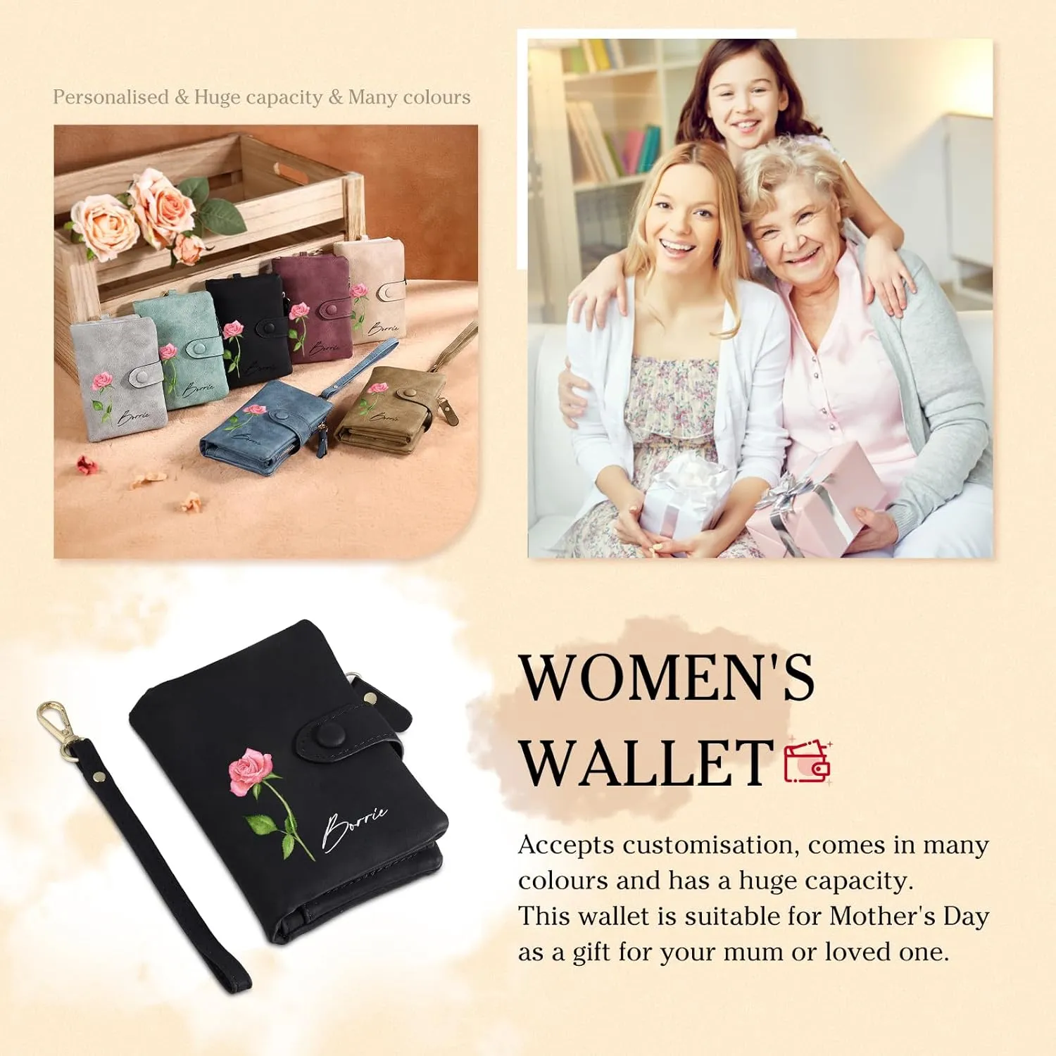 Personalized Wallets for Women: Custom Name Birth Flower Wristlet leather Womens Wallet- Gifts For Birthday Mothers Day (Black)