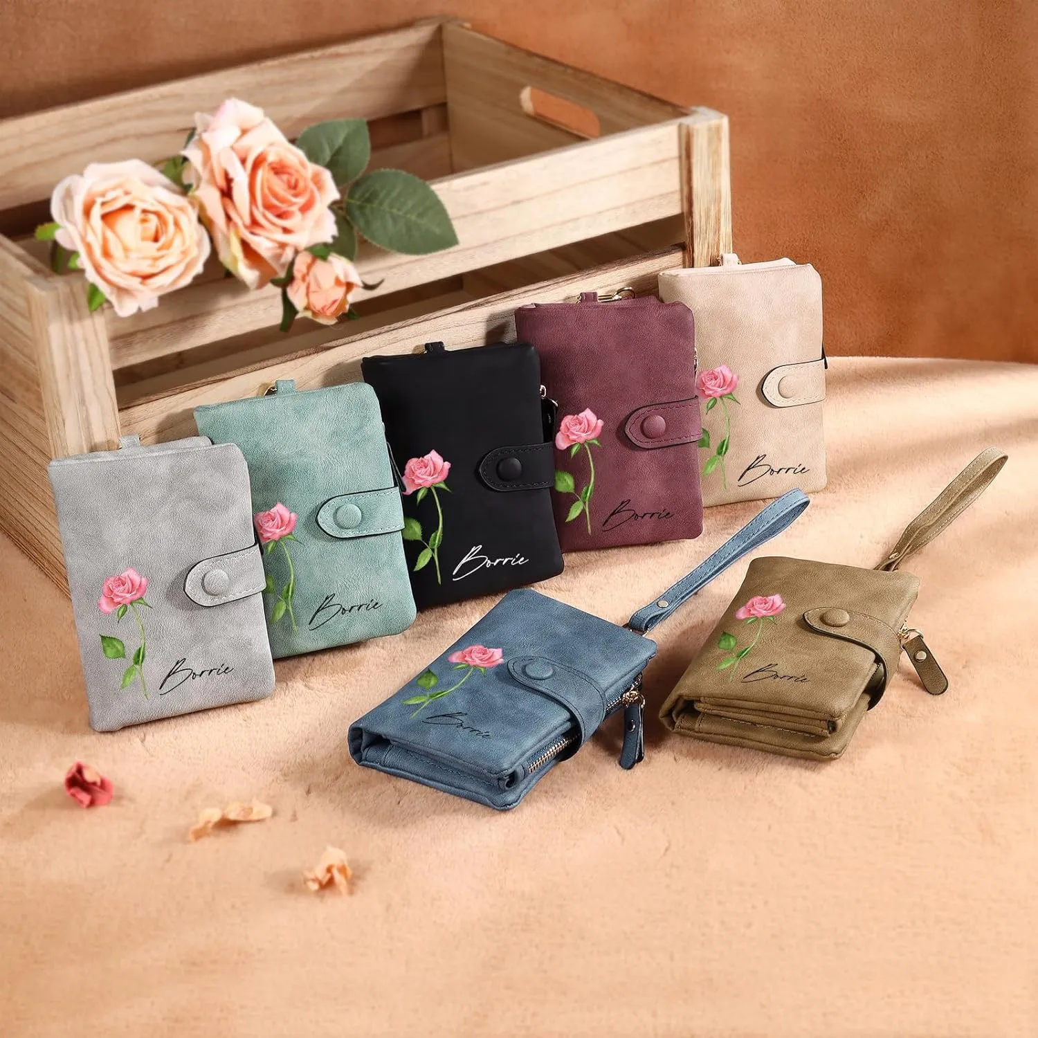Personalized Wallets for Women: Custom Name Birth Flower Wristlet leather Womens Wallet- Gifts For Birthday Mothers Day (Black)
