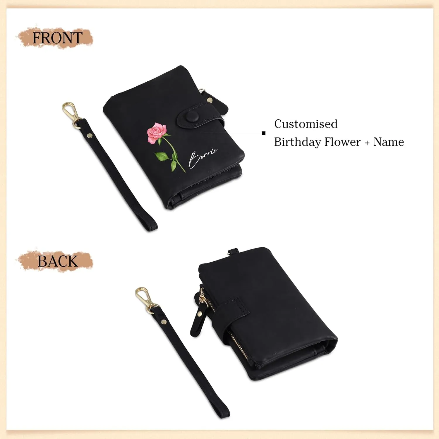 Personalized Wallets for Women: Custom Name Birth Flower Wristlet leather Womens Wallet- Gifts For Birthday Mothers Day (Black)