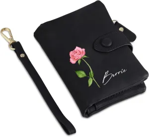 Personalized Wallets for Women: Custom Name Birth Flower Wristlet leather Womens Wallet- Gifts For Birthday Mothers Day (Black)