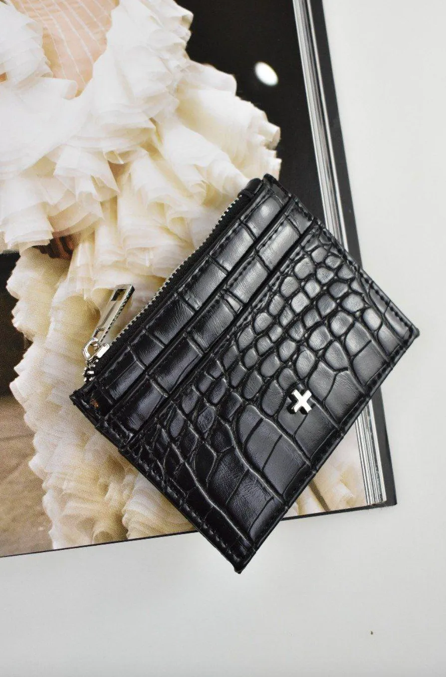 PETA   JAIN IVY CARD HOLDER - BLACK FAUX CROC/SILVER