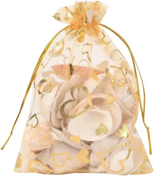 PH PandaHall 5x7 Inch Heart Printed Organza Bags 100pcs Golden Gift Bags Jewelry Pouch Bag Organza Mesh Sheer Drawstring Bag Wedding Favors for Mother Festival Christmas