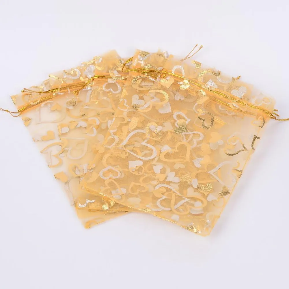 PH PandaHall 5x7 Inch Heart Printed Organza Bags 100pcs Golden Gift Bags Jewelry Pouch Bag Organza Mesh Sheer Drawstring Bag Wedding Favors for Mother Festival Christmas