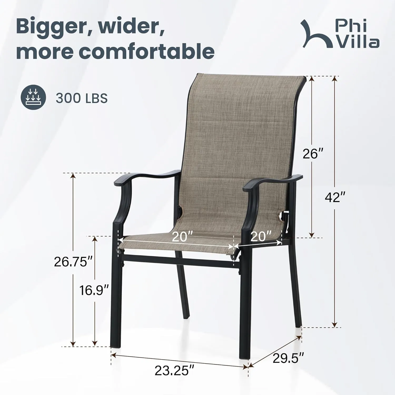 PHI VILLA Outdoor Dining Chairs Set of 6, High Back Textilene Fabric Padded Armchairs with E-Coated Steel Frame for Patio, Porch, Deck, Yard