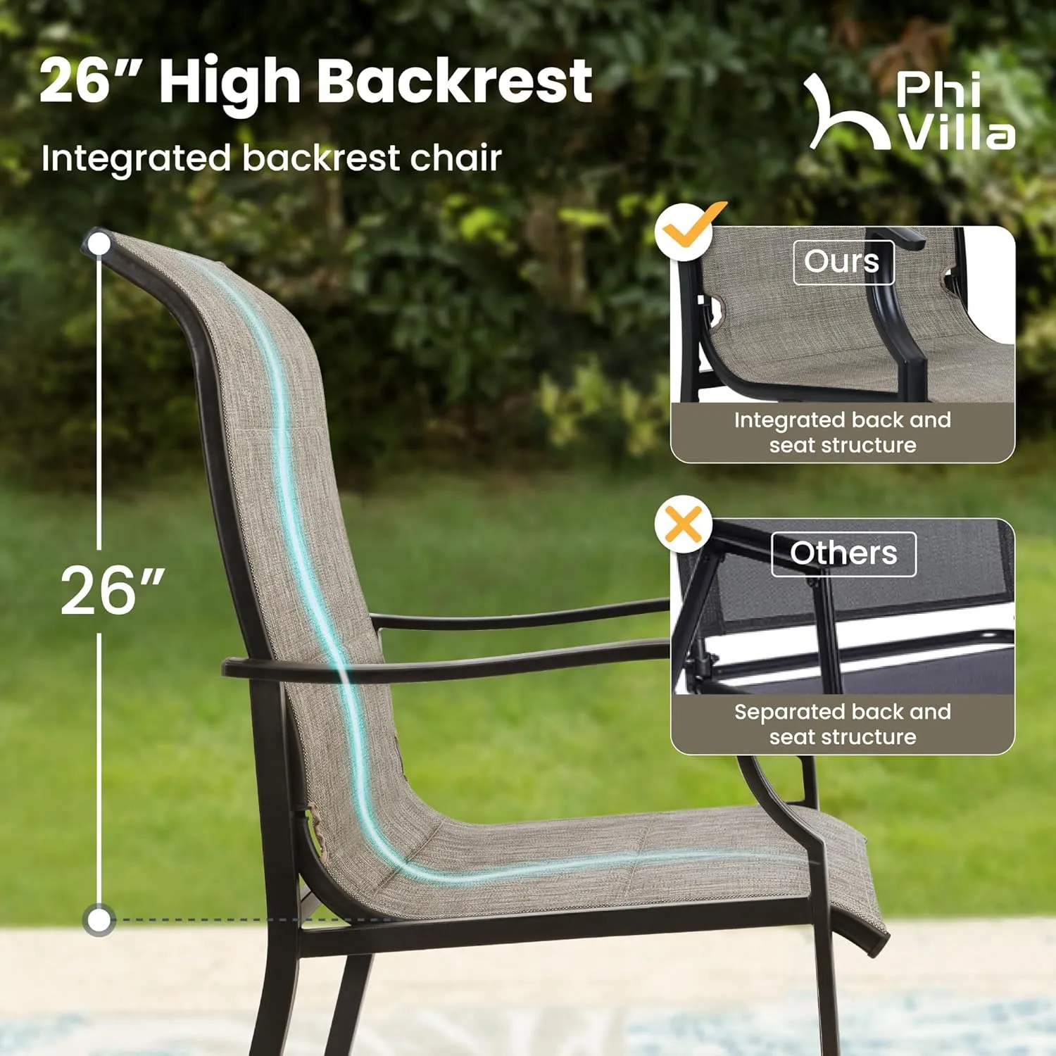 PHI VILLA Outdoor Dining Chairs Set of 6, High Back Textilene Fabric Padded Armchairs with E-Coated Steel Frame for Patio, Porch, Deck, Yard