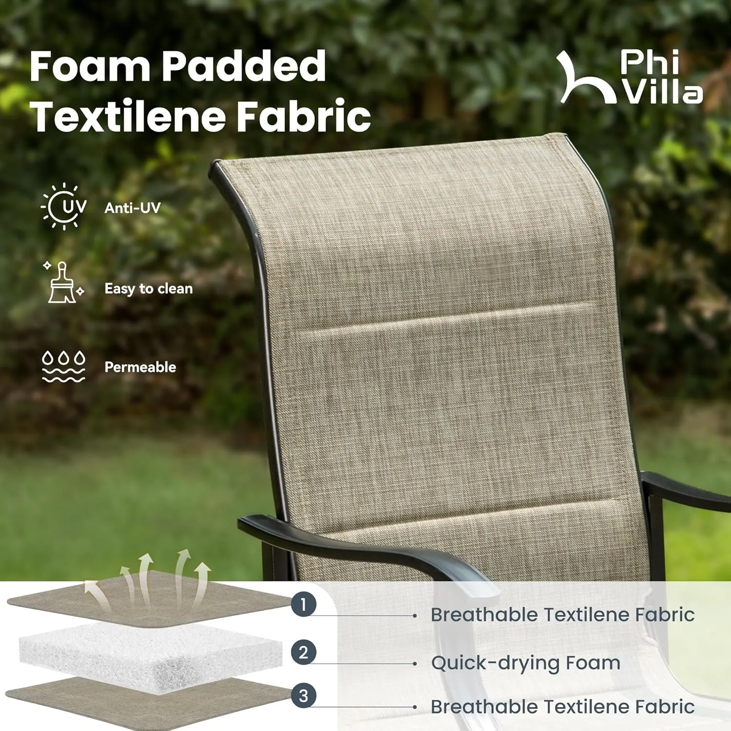 PHI VILLA Outdoor Dining Chairs Set of 6, High Back Textilene Fabric Padded Armchairs with E-Coated Steel Frame for Patio, Porch, Deck, Yard