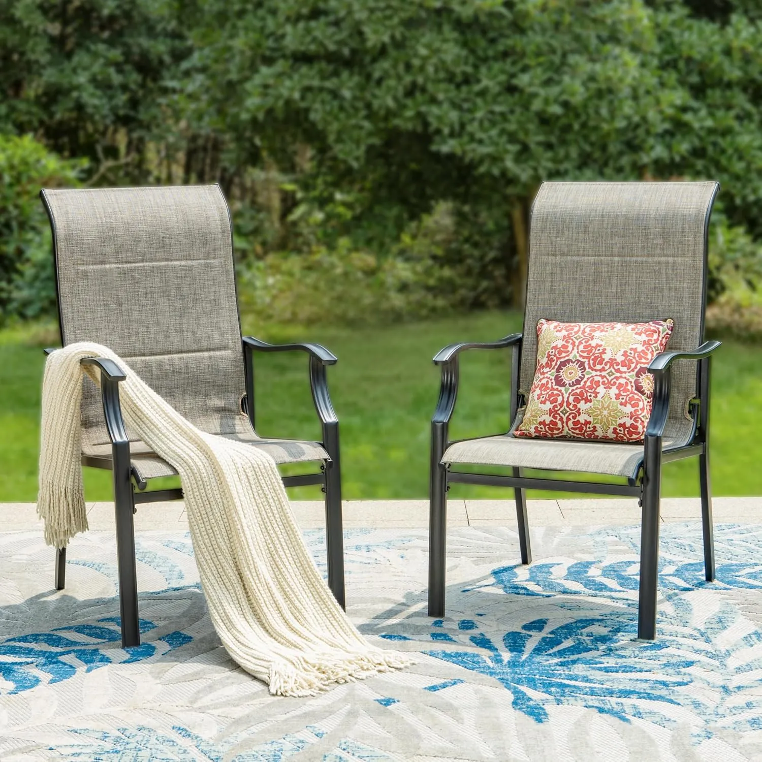 PHI VILLA Outdoor Dining Chairs Set of 6, High Back Textilene Fabric Padded Armchairs with E-Coated Steel Frame for Patio, Porch, Deck, Yard