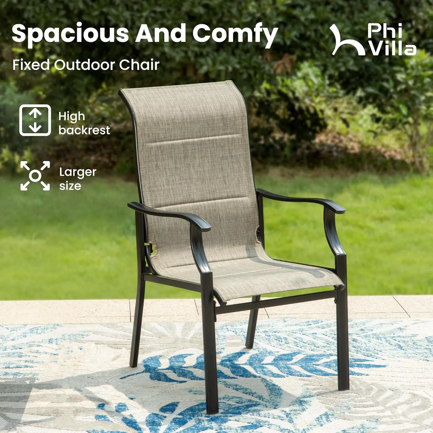 PHI VILLA Outdoor Dining Chairs Set of 6, High Back Textilene Fabric Padded Armchairs with E-Coated Steel Frame for Patio, Porch, Deck, Yard