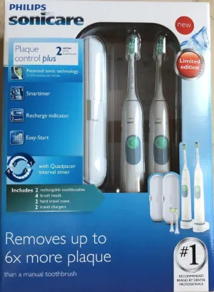 Philips Sonicare Plaque Control Plus Rechargeable Toothbrush HX6254/81 Twin Pack (2 Rechargeable Toothbrushes, 4 Brush Heads, 2 travel cases, and 2 Chargers)
